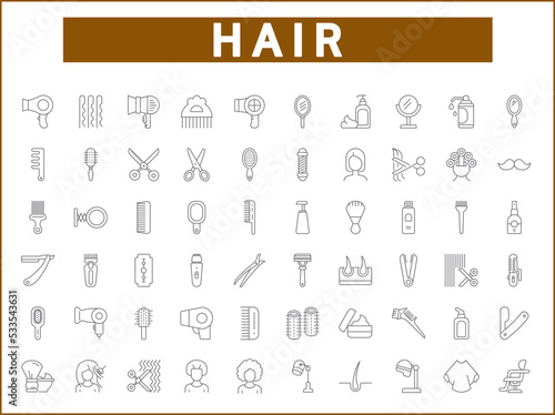 Simple Set of hair Related Vector Line Icons. 
Vector collection of beauty and hairstyle symbols or logo elements in thin outline.