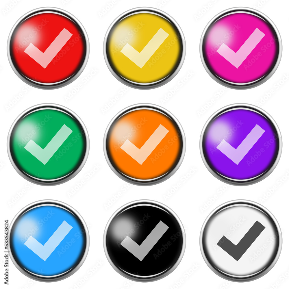 Tick check mark button icon set with clipping path 3d illustration Tick check mark button icon set with clipping path 3d illustration