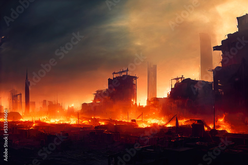 3D Illustration. Digital Art. Warzone city with small smoke and fire sources  concept art