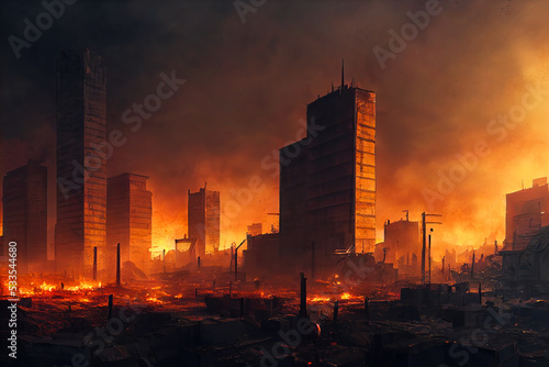 3D Illustration. Digital Art. Warzone city with small smoke and fire sources, concept art photo