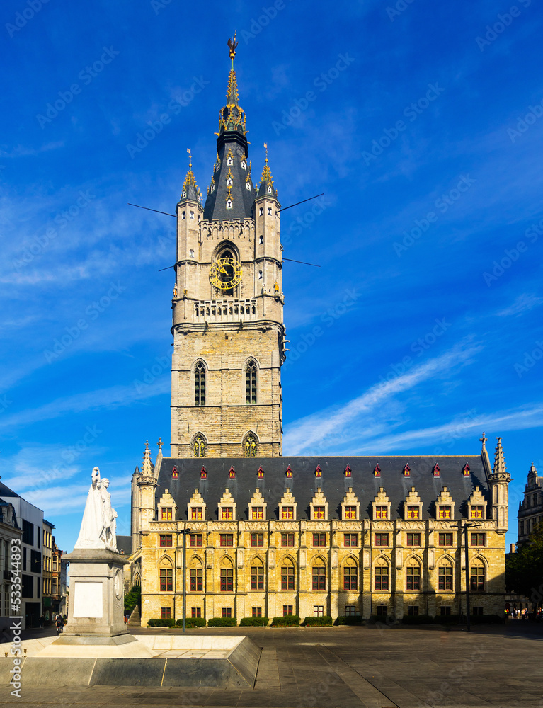 Belfry of Ghent under deep blue sky. Tallest belfry in Belgium, UNESCO World Heritage Site.