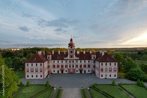 Mnichovo Hradiste historical old castle Mnichovo Hradiste in central Europe,Czech republic,beautiful cinematic aerial view	
 photo