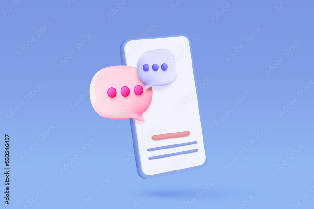 3D minimal speech bubble with notification new message on mobile phone. online social conversation comment concept, chat emoji message on social media. 3d speech icon render vector illustration - obrazy, fototapety, plakaty 