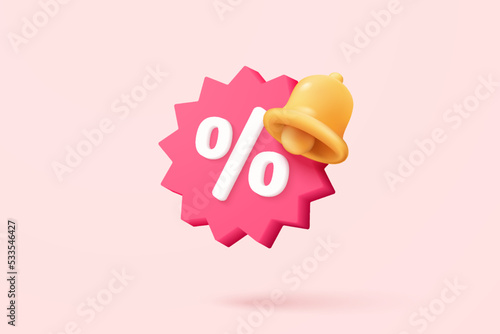 3d tag price icon with bell notification for discount coupon online. sales with an excellent offer for shopping, special offer promotion reminder. 3d price tags icon vector render illustration photo