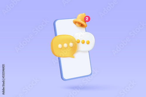 3D minimal speech bubble with bell notification new message on mobile phone. online social conversation comment concept, chat emoji message on social media. 3d speech icon render vector illustration