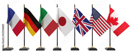 Flags of G7 group of seven and list of countries. Canada, USA states, Germany, Italy, France, Japan.  3d Rendering photo