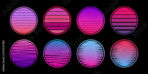 Vintage sunset collection in 70s 80s style. Regular and distressed retro sunset set