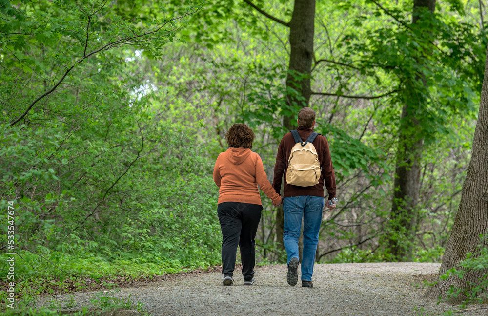 Couple holding hands and walking on a path in the forest. Couple holding hands and walking on a path in the forest.