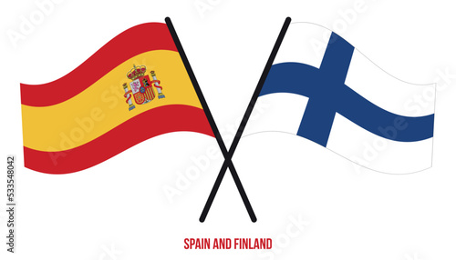 Spain and Finland Flags Crossed And Waving Flat Style. Official Proportion. Correct Colors.