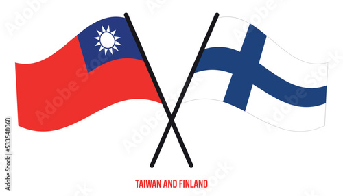 Taiwan and Finland Flags Crossed And Waving Flat Style. Official Proportion. Correct Colors.