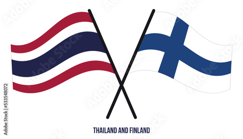 Thailand and Finland Flags Crossed And Waving Flat Style. Official Proportion. Correct Colors.