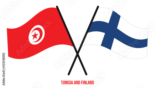 Tunisia and Finland Flags Crossed And Waving Flat Style. Official Proportion. Correct Colors.