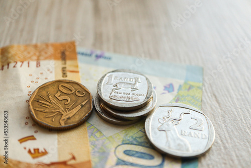 South African currency including Rands and Cents. Banknotes and coins. Concept of Business, money and Finances photo