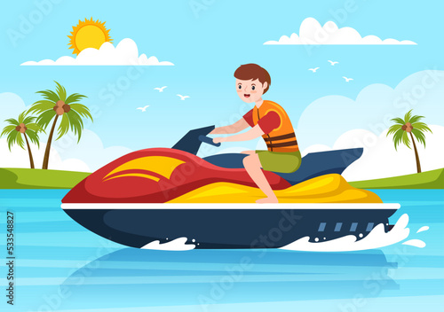 Playing Banana Boat and Jet Ski Holidays on the Sea in Beach Activities Template Hand Drawn Cartoon Flat Illustration © denayune