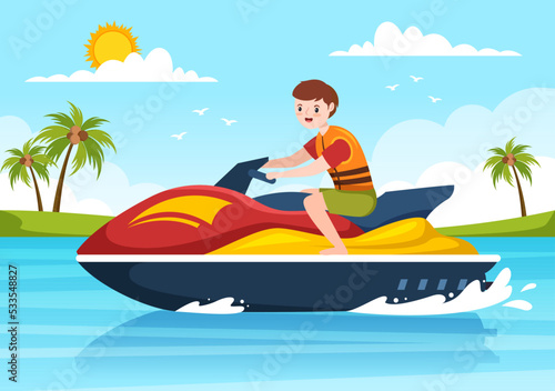 Playing Banana Boat and Jet Ski Holidays on the Sea in Beach Activities Template Hand Drawn Cartoon Flat Illustration