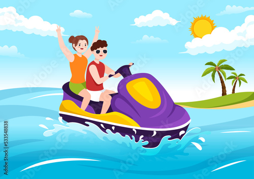 Playing Banana Boat and Jet Ski Holidays on the Sea in Beach Activities Template Hand Drawn Cartoon Flat Illustration