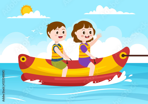 Playing Banana Boat and Jet Ski Holidays on the Sea in Beach Activities Template Hand Drawn Cartoon Flat Illustration