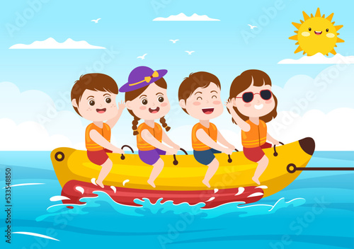 Playing Banana Boat and Jet Ski Holidays on the Sea in Beach Activities Template Hand Drawn Cartoon Flat Illustration