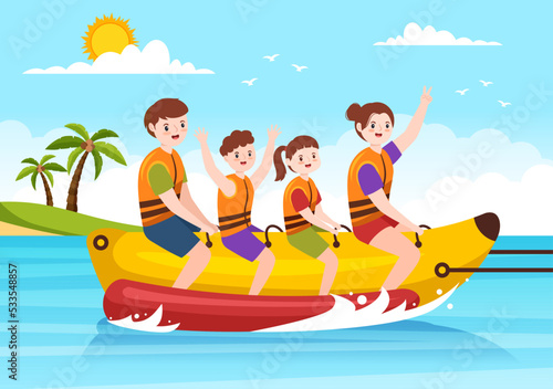 Playing Banana Boat and Jet Ski Holidays on the Sea in Beach Activities Template Hand Drawn Cartoon Flat Illustration