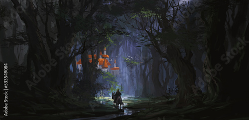 A mysterious castle hidden deep in the jungle, 3D illustration.