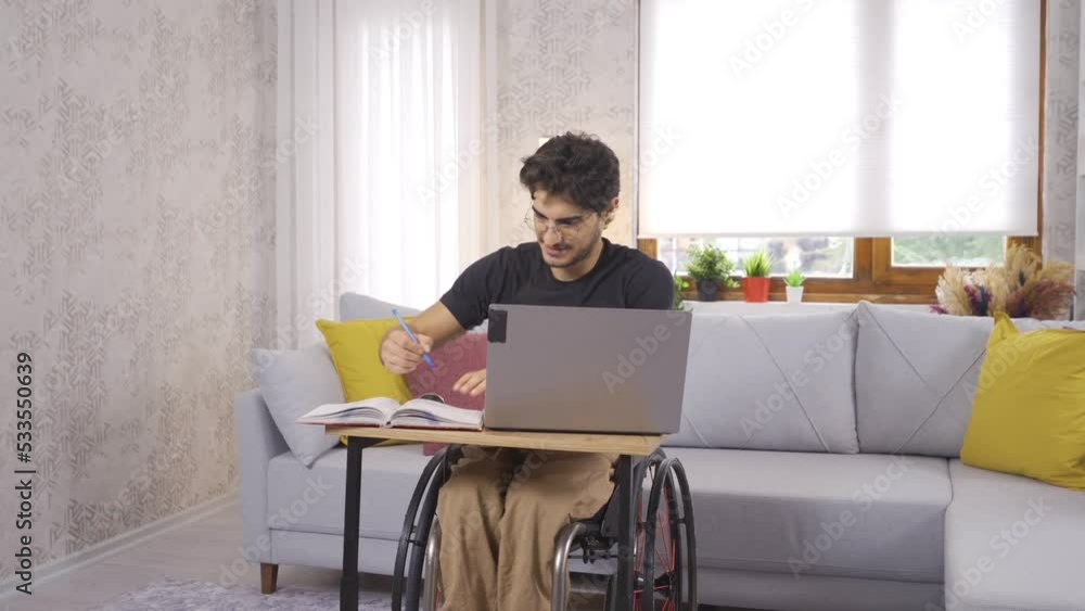 Disabled student working with laptop at home.
Disabled student working with laptop at home studying for his lessons.
Disabled student working with laptop at home.
Disabled student working with laptop at home studying for his lessons.