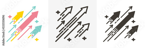 Arrows shooting to the stars. Vector trendy thin line icon illustration design. Concept for financial, personal and creative growth, fireworks, going up.