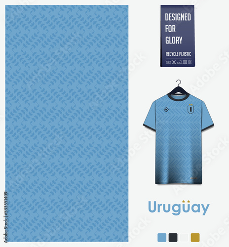 Soccer jersey pattern design. Uruguay flag pattern on blue background for soccer kit, football kit, sports uniform. T shirt mockup template. Fabric pattern. Abstract background. 