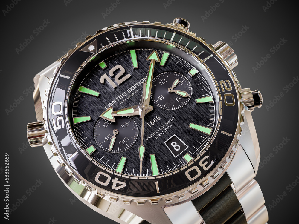 Men's Swiss mechanical wristwatch made of polished metal with hands and a stopwatch close-up. 3D Men's Swiss mechanical wristwatch made of polished metal with hands and a stopwatch close-up. 3D