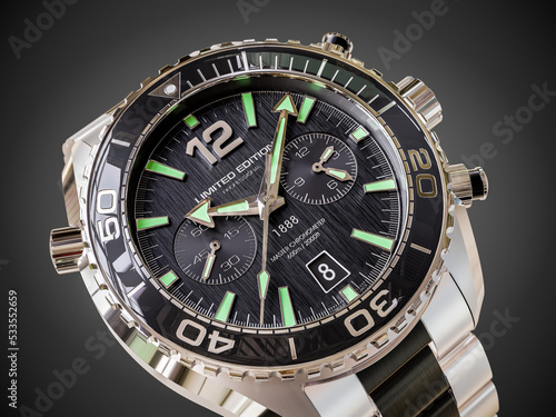 Men's Swiss mechanical wristwatch made of polished metal with hands and a stopwatch close-up. 3D