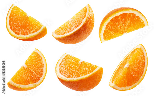 Orange isolated set.Collection of ripe juicy orange slices in different angles on a white background.