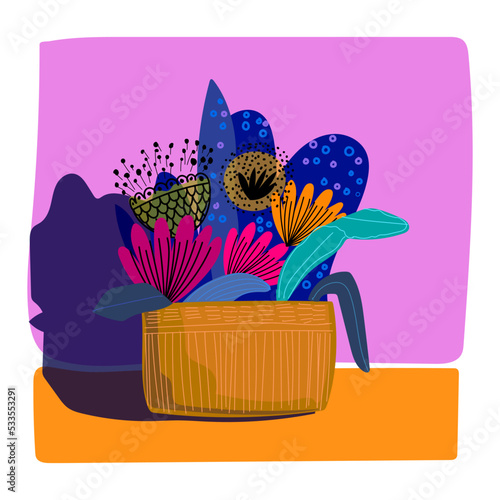 Plants and flowers on vase hand drawn vector illustration.