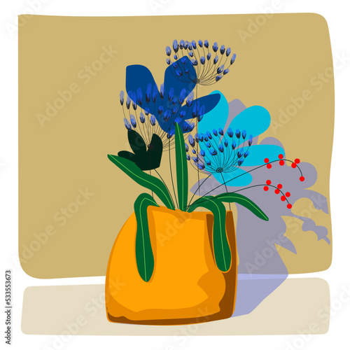 Plants and flowers on vase hand drawn vector illustration.