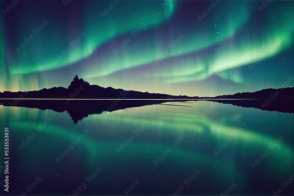 Aurora Borealis computer generated image of the northern lights meant to look like a real photo