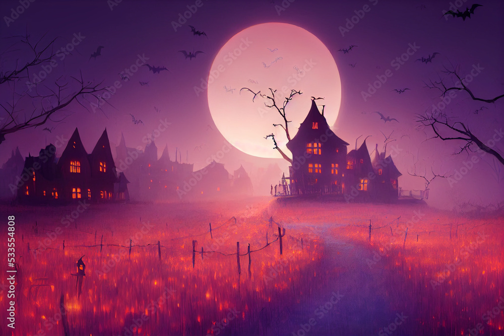 Spooky Halloween night haunted homes, castle, Pumpkins and Jack O'lanterns, foggy bloody moonlight, Halloween illustration, 3d illustration, 3d rendering.