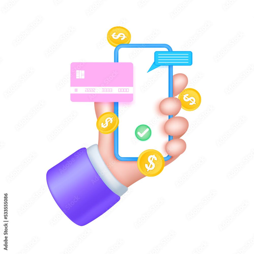 Businessman hand holding smartphone, credit card and money coins fall. Mobile payments concept. Hand icon 3D phone Isolated on white background. Vector EPS10 illustration. Businessman hand holding smartphone, credit card and money coins fall. Mobile payments concept. Hand icon 3D phone Isolated on white background. Vector EPS10 illustration.