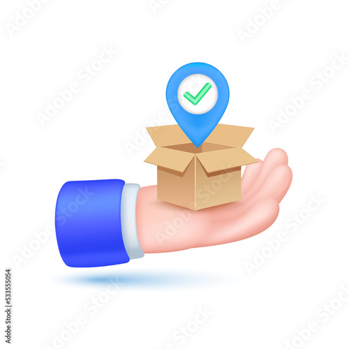 Box and pin in hand isolated on white background. Online social communication on applications. Online ordering and delivery home concept . Hand icon 3D Vector EPS10 illustration. 