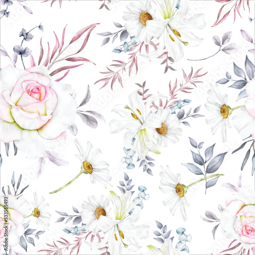 elegant floral seamless pattern with beautiful flower and leaves watercolor