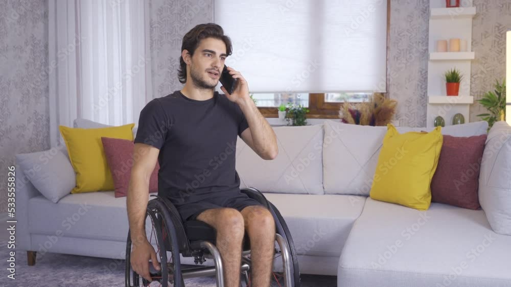 Physically disabled man talking on the phone.
Disabled man sitting in his wheelchair talking on the phone at home.
Physically disabled man talking on the phone.
Disabled man sitting in his wheelchair talking on the phone at home.