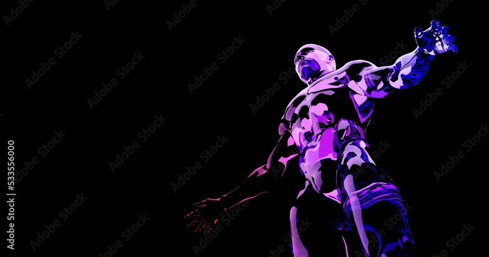 a man with an athletic body, made of red and blue glass.  On a black background. 3 d render