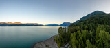 Aerial Panoramic View of Canadian Mountain Landscape over Harrison Lake. Sunny Morning Sunrise. British Columbia, Canada. Nature Background Panorama