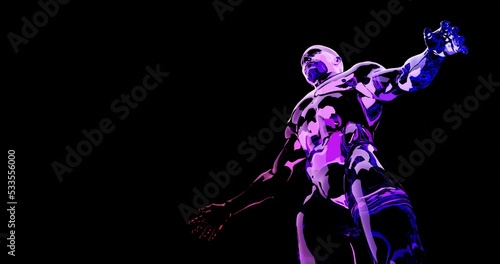 a man with an athletic body, made of red and blue glass. On a black background. 3 d render