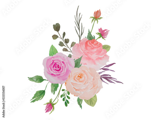 Watercolor Flowers Arrangement, Floral Bouquet with Roses and Green Leaves Illustration