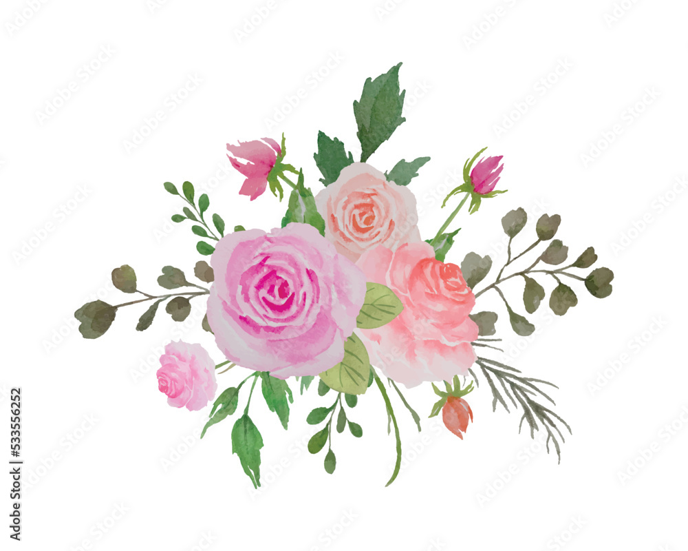 Watercolor Flowers Bouquet, Floral Arrangement with Roses and Green Leaves Illustration