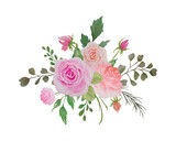 Watercolor Flowers Bouquet, Floral Arrangement with Roses and Green Leaves Illustration