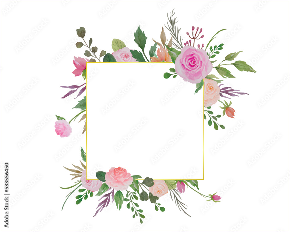 Watercolor Floral Frame, Illustration of Flowers Border with Roses and Green Leaves