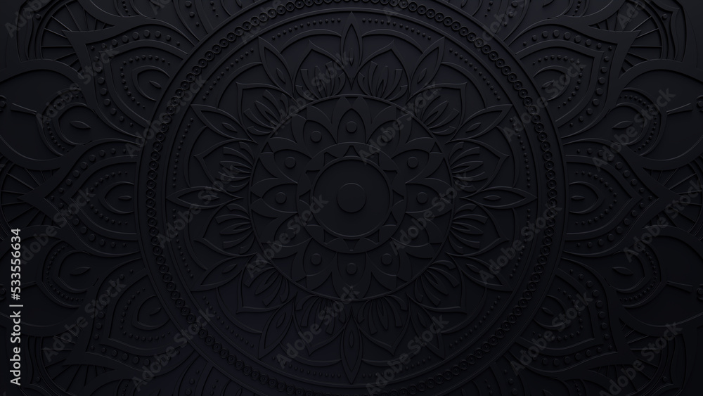 Black Surface with Extruded Ornamental Pattern. 3D Diwali Celebration Wallpaper. Black Surface with Extruded Ornamental Pattern. 3D Diwali Celebration Wallpaper.