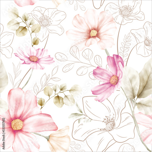 elegant flower line and watercolor floral seamless pattern