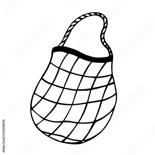 Eco friendly reusable bag vector icon. Hand drawn illustration isolated on white. String bag, natural cotton mesh. Zero waste, no plastic. Black outline, doodle. Bio packaging for logo, web, print
