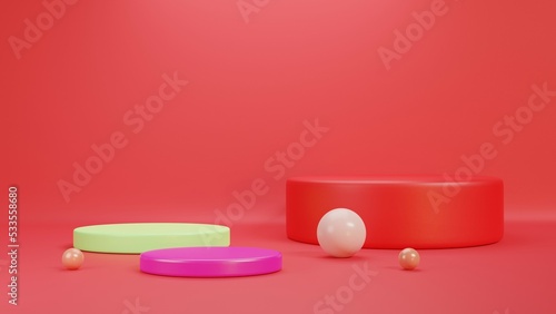 Red pedestal for displaying products Red cylinder background, white sphere. Empty stage. 3D rendering.