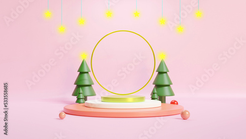 background with pines Shining stars. Podium, Christmas and New Year festivals.3D rendering.